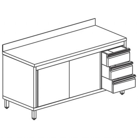 Meuble Bas de Rangement Inox table armoire neutre bloc tiroir à droite, portes coulissantes et dosseret, 2000x600 mm - Virtus - STNAC36020