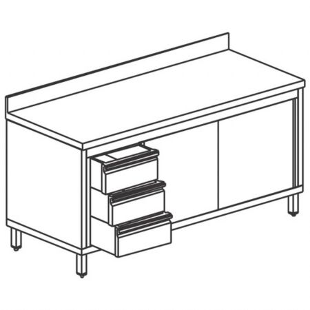 Meuble Bas de Rangement Inox table armoire neutre bloc tiroir à gauche, portes coulissantes et dosseret, 1900x700 mm - Virtus - STNAC3S70191
