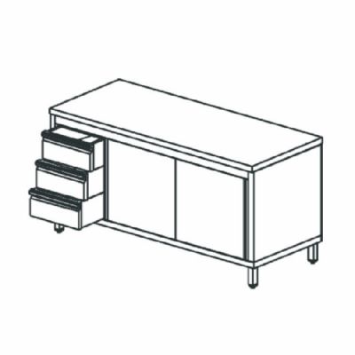 Table de rangement neutre inox avec 1 tiroir gauche et 2 portes coulissantes 1600x700 mm