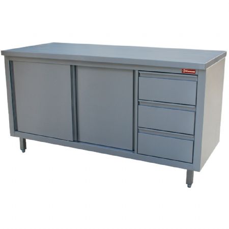 Meuble Bas de Rangement Inox Table sur armoire neutre et 3 tiroirs à droite AISI 441 2 portes coulissantes - Diamond - TA207CD/B Meuble Bas de Rangement Inox Table sur armoire neutre et 3 tiroirs à droite AISI 441 2 portes coulissantes - Diamond - TA207CD/B