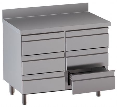 Meuble bas inox professionnel avec 6 tiroirs et dosseret arrière - Diamond - TACS107D-SA8