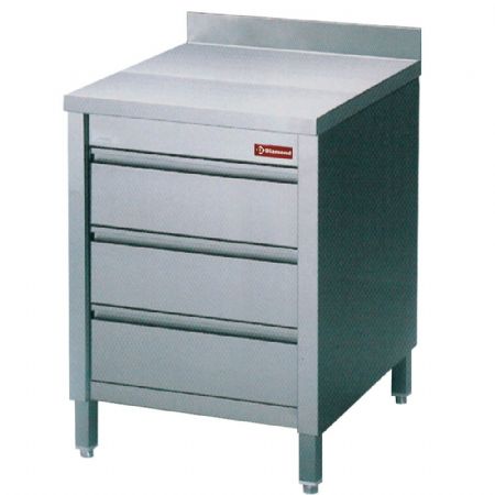 Meuble Bas de Rangement Inox sur armoire avec 3 tiroirs GN1/1 et dosseret - Diamond - TACS67/B-D Meuble Bas de Rangement Inox sur armoire avec 3 tiroirs GN1/1 et dosseret - Diamond - TACS67/B-D