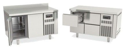 Table inox adossée froid positif avec 2 portes pleines GN 1/1 - 1345x700x850 mm