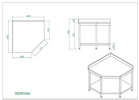 Table de Travail Inox - d'angle adossée, 1000x1000x 600x850+100 mm - Skyrainbow - THGESR106A