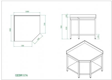 Table de Travail Inox - d'angle adossée, 1000x1000x 700x850+100 mm - Skyrainbow - THGESR107A