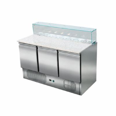 Saladette rfrigre 3 portes avec plan de travail granit et vitre verre +2/ +8C cap 8xGN1/6 - 260L