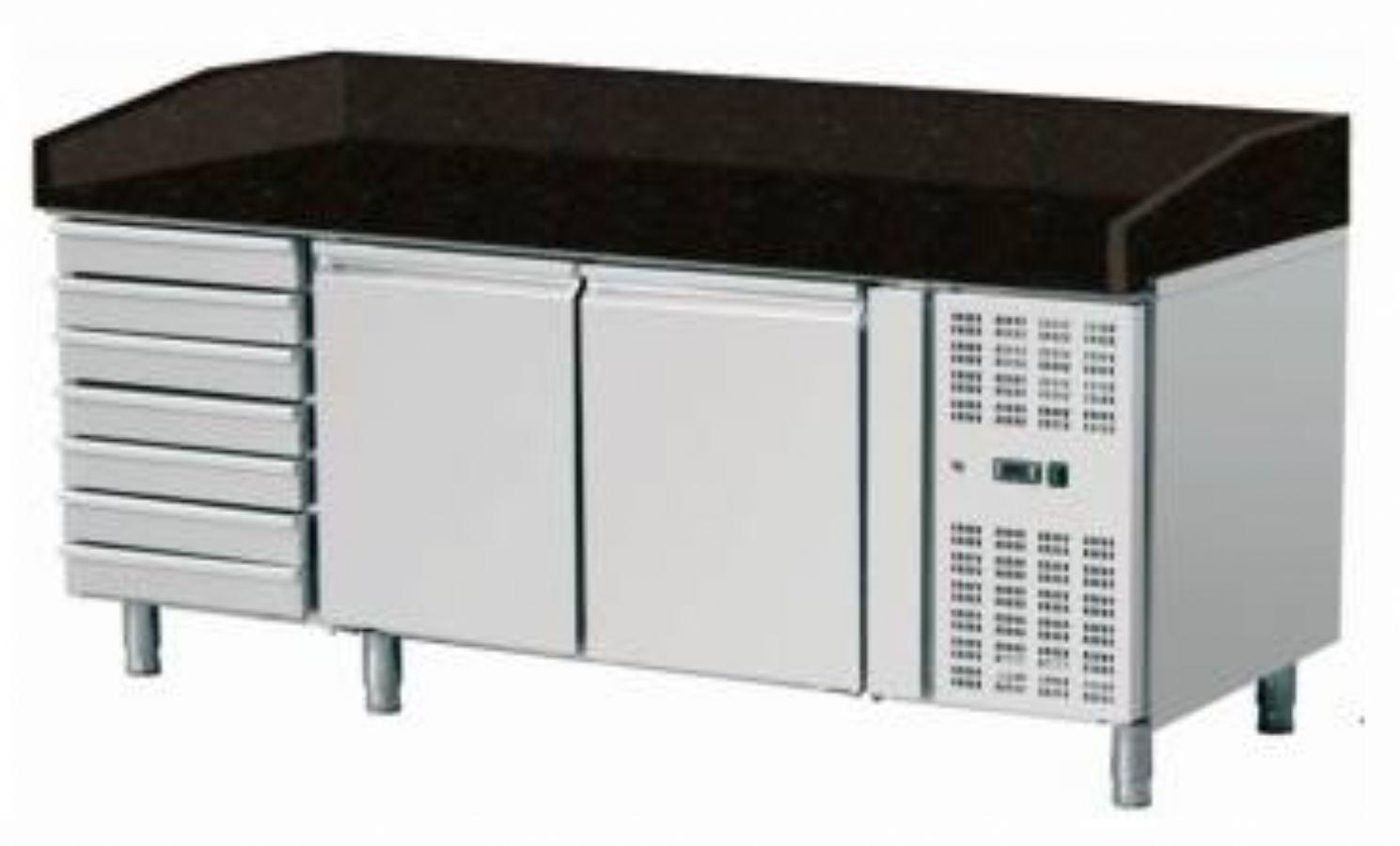 Meuble  pizza avec plan en granit noir 2 portes et 1 compartiment de 7 tiroirs -2/ +8C - 580L