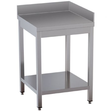 Table inox angle droit avec étagère basse intégrée et double rebord mural arrière 700x700x850 Table inox angle droit avec étagère basse intégrée et double rebord mural arrière 700x700x850