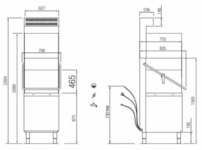 Lave-vaisselle � capot passage utile 465 mm avec cuve 30 litres panier 600x500 mm