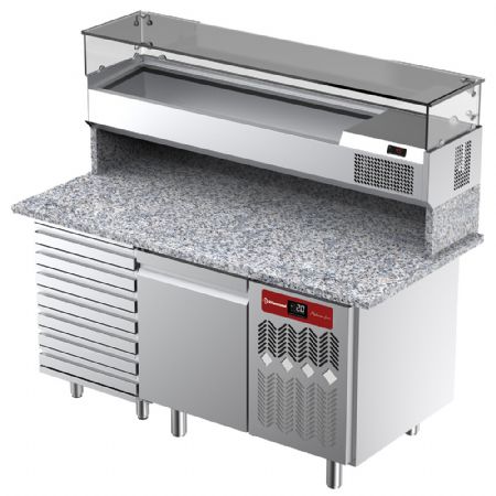 Table frigorifique ventile pour pizza 1 porte et 7 tiroirs avec  vitrine refrigre 1600x380x410 et plan de travail en granit