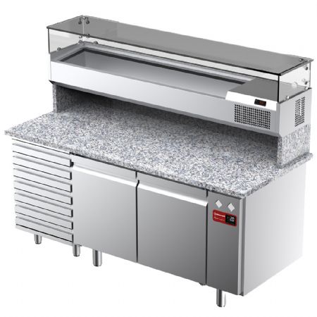 Table frigorifique ventile pour pizza 2 portes et 7 tiroirs avec  vitrine refrigre 1800x380x410 et plan de travail en granit