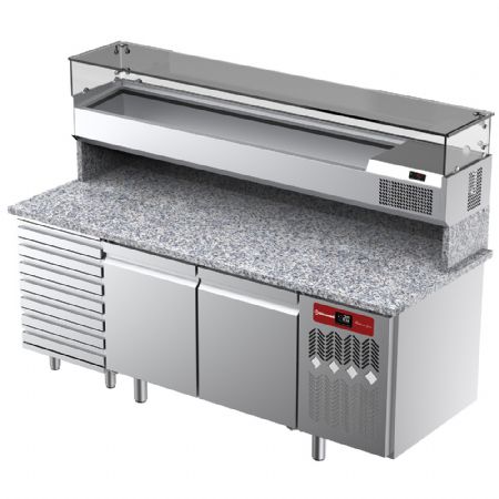 Table frigorifique ventile pour pizza 2 portes et 7 tiroirs avec  vitrine refrigre 2000x380x410 et plan de travail en granit