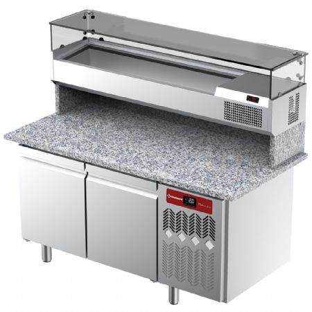 Table frigorifique ventile pour pizza 2 portes avec  vitrine refrigre 1600x380x410 et plan de travail en granit