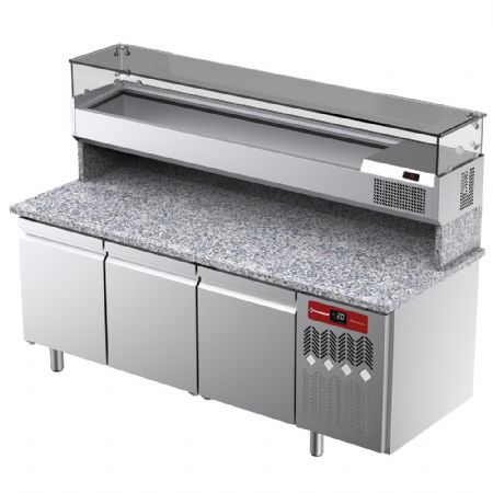 Table frigorifique ventile pour pizza 3 portes avec  vitrine refrigre 2000x380x410 et plan de travail en granit