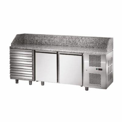 Meuble  pizza tropicalis avec dessus en granit 2 portes GN1/1 et un compartiment contenant 7 tiroirs - 210L