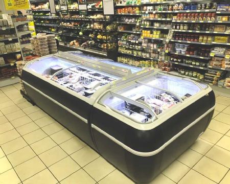 Rfrigrateur conglateur lot de supermarch gris avec 4 couvercles coulissants incurvs - 1255 L - 2150 x 1465 x 930 mm