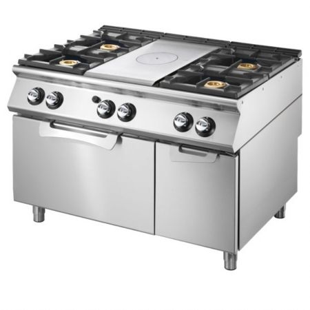Fourneau profondeur 700 Plaque coup de feu gaz sur four statique GN 2/1 et armoire fermée 4 brûleurs - Virtus - V70120TPPCFG2 Fourneau profondeur 700 Plaque coup de feu gaz sur four statique GN 2/1 et armoire fermée 4 brûleurs - Virtus - V70120TPPCFG2