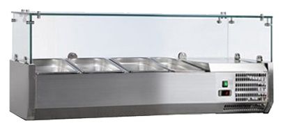 Vitrine à ingrédients réfrigérée inox avec pare-haleine verre, 3 GN 1/3 + 1 GN 1/2-150, +2/+8°C, L 1200 mm - l2g - VRX1200/380 Vitrine à ingrédients réfrigérée inox avec pare-haleine verre, 3 GN 1/3 + 1 GN 1/2-150, +2/+8°C, L 1200 mm - l2g - VRX1200/380