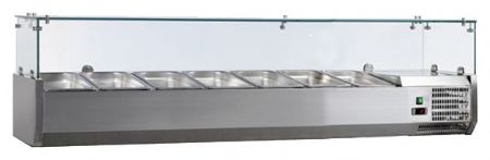 Vitrine à ingrédients réfrigérée inox avec pare-haleine verre, 7 GN 1/3-150, +2/+8°C, L 1600 mm - l2g - VRX1600/380 Vitrine à ingrédients réfrigérée inox avec pare-haleine verre, 7 GN 1/3-150, +2/+8°C, L 1600 mm - l2g - VRX1600/380