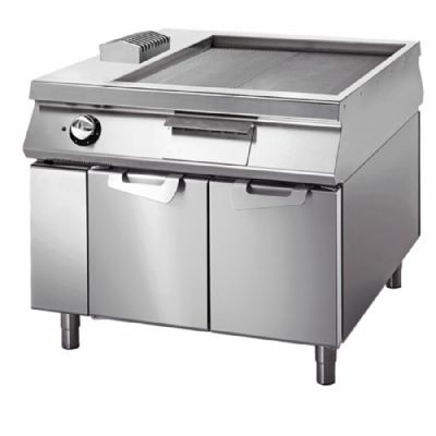 Plancha lectrique sur coffre avec portes et surface chrome 1/2 lisse 1/2 rainure 900x735 mm - puissance 15 kW