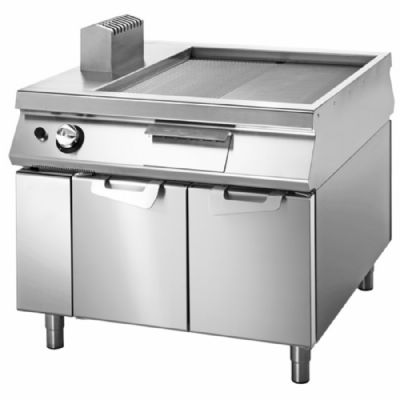 Plancha gaz sur table avec portes et surface chrome lisse 2/3 strie 1/3 900x735 mm puissance 14 kW