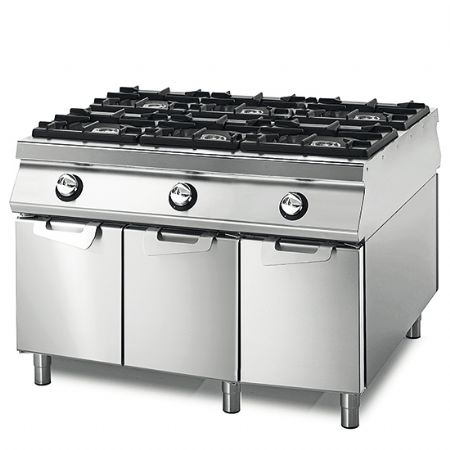 Cuisinire professionnelle  gaz avec 6 brleurs sur coffre avec portes tableau de contrle sur deux cts