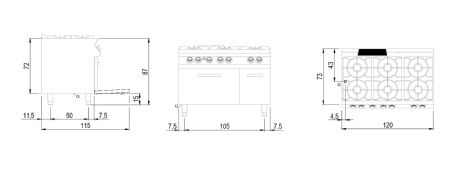 Cuisinire  gaz 6 bruleurs sur four lectrique GN 2/1 et armoire ferme