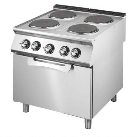 Fourneau profondeur 700 Cuisinière électrique sur four électrique statique GN 2/1, 4 plaques en fonte Triphasé 16.4 kW - Virtus - VS7080CFE Fourneau profondeur 700 Cuisinière électrique sur four électrique statique GN 2/1, 4 plaques en fonte Triphasé 16.4 kW - Virtus - VS7080CFE