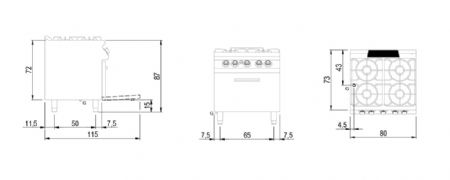 Fourneau profondeur 700 Cuisinière gaz sur four électrique statique GN 2/1, 4 brûleurs Gaz - Virtus - VS7080CFGE