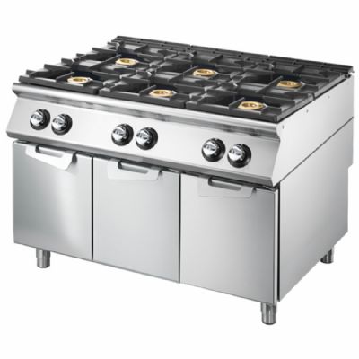 Cuisinière gaz 6 feux sur soubassement portes - puissance 52 kW Cuisinière gaz 6 feux sur soubassement portes - puissance 52 kW
