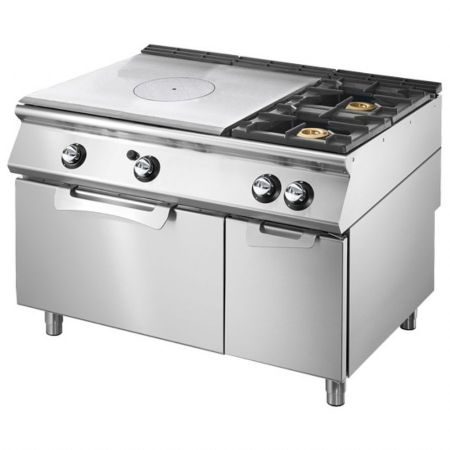 Fourneau profondeur 900 Plaque coup de feu gaz sur four statique GN 2/1 et armoire fermée 3 brûleurs 25 kW - Virtus - VS90120TPFG