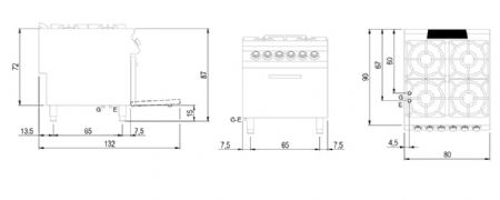 Fourneau profondeur 900 Cuisinière gaz sur four électrique statique GN 2/1, 4 brûleurs - Virtus - VS9080CFGE