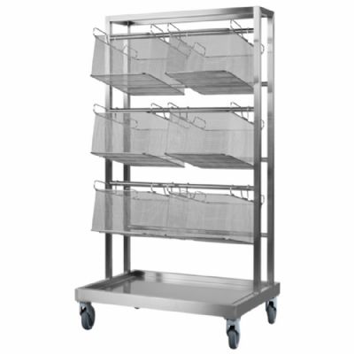 Chariot inox de manutention pour paniers de cuisson et de friture avec 4 roues