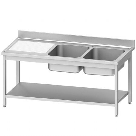 �vier inox 2 bacs avec �gouttoir � gauche et �tag�re basse 1600x700x900 mm