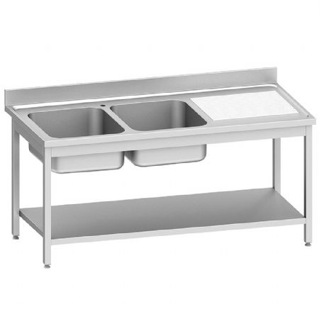 �vier inox 2 bacs avec �gouttoir � droite et �tag�re basse 1600x700x900 mm