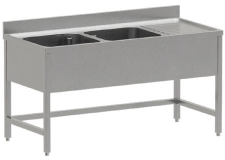 Plonge inox 2 cuves égouttoir droite avec dosseret 1600x700x850/880 mm - Diverso by Diamond - WR-E1C2-DD6