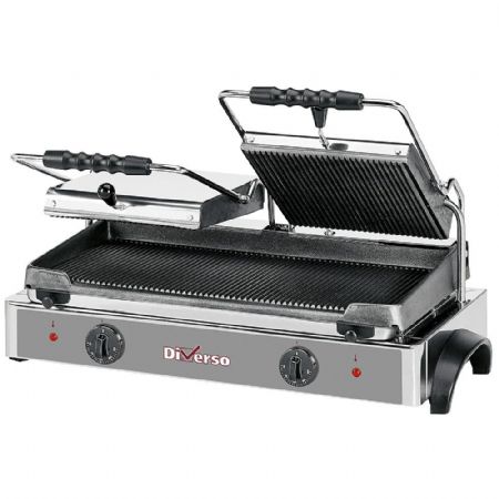 Grill panini professionnel double, plaques rainurées en fonte, surface utile 550x255 mm - Diverso By Diamond - WR-GR82-62