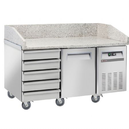 Meuble à Pizzas 1 porte pleine et 5 tiroirs neutres EN 600x400, dessus granit, sur roues - Diverso By Diamond - WR-PZ15-51