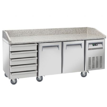 Meuble à Pizzas dessus granit, 2 portes pleines 600x400 mm, 5 tiroirs neutres sur roues dont 2 freinées - Diverso By Diamond - WR-PZ20-52