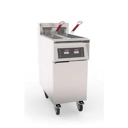Friteuse lectrique haut rendement p800mm avec thermostat lectronique et filtration double cuve sur coffre 17kW - 2x11L