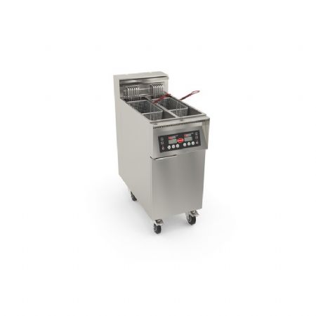 Friteuse lectrique haut rendement p800mm avec thermostat lectronique timer 3 prog et filtration double cuve sur coffre 17kW - 2x11L