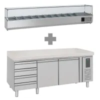 Meuble à pizza inox avec plan en granit 3 portes et 7 tiroirs allant de +2 à +8 + saladette 9x1/3 2000mm - Combisteel - 7950.0042 + 7950.5133