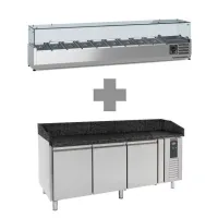 Meuble à pizza en inox avec plan en granit noir 3 portes  +2/+8 + saladette 9x1/3 2000mm - Combisteel - 7950.0054 + 7950.5133