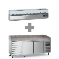Meuble à pizza inox avec plan en granit 2 portes et 7 tiroirs allant de +2 à +8 + saladette 9xgn1/3 2000mm - Combisteel - 7950.5150 + 7950.5133