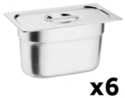 Lot de 6 bacs gastronorme inox GN 1/9 avec couvercles capacité 4,8 L - Vogue - S430 Lot de 6 bacs gastronorme inox GN 1/9 avec couvercles capacité 4,8 L - Vogue - S430