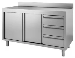 Meuble bas inox 430 avec dosseret à charnières 3 tiroirs - Gastro M - DS441 Meuble bas inox 430 avec dosseret à charnières 3 tiroirs - Gastro M - DS441
