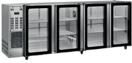 Arrière-bar froid inox 4 portes vitrées battantes température +2/+8 °C Arrière-bar froid inox 4 portes vitrées battantes température +2/+8 °C