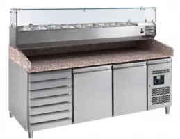 Meuble à pizzas avec plan de travail en granit 2 portes 7 tiroirs - 390L
