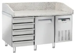 Meuble à pizza réfrigéré dessus granit avec dosseret 200 mm et tiroirs neutres +2/+8°C - Coolhead - QZ 16