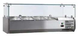 Vitrine à ingrédients réfrigérée inox avec pare-haleine verre, 3 GN 1/3 + 1 GN 1/2-150, +2/+8°C, L 1200 mm - l2g - VRX1200/380